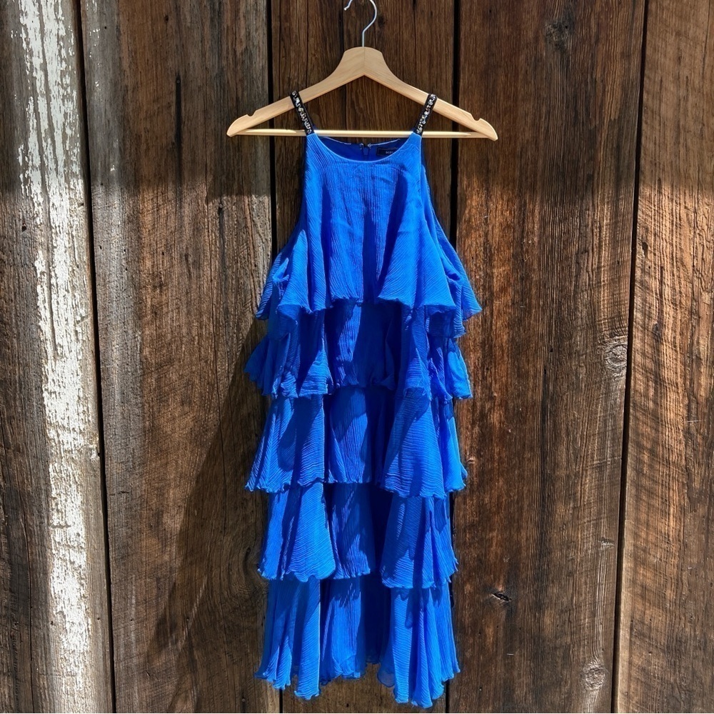 BCBG MaxAzria Chiffon Silk Blue Embellished Dress size medium